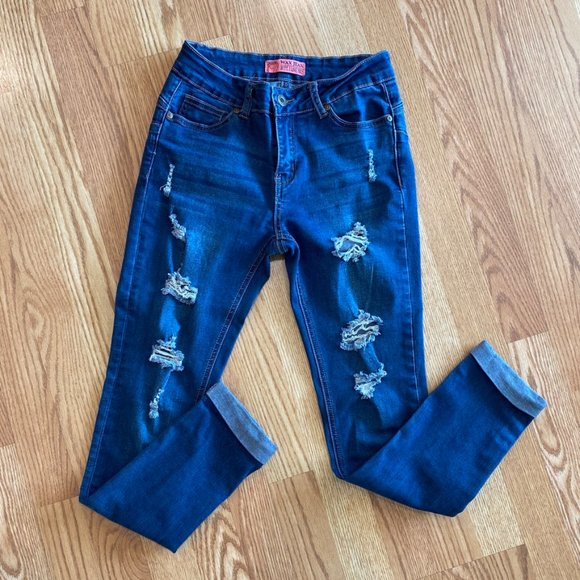 WAX JEANS BUTT, I LOVE YOU Distressed holes cuffed stretch jeans Size 5 EUC - Picture 2 of 7